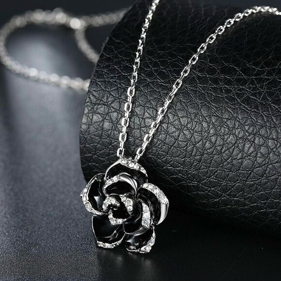 Sterling Silver Black Flower Enamel Drip Rhinestone Necklace Womens New - Picture 12 of 12